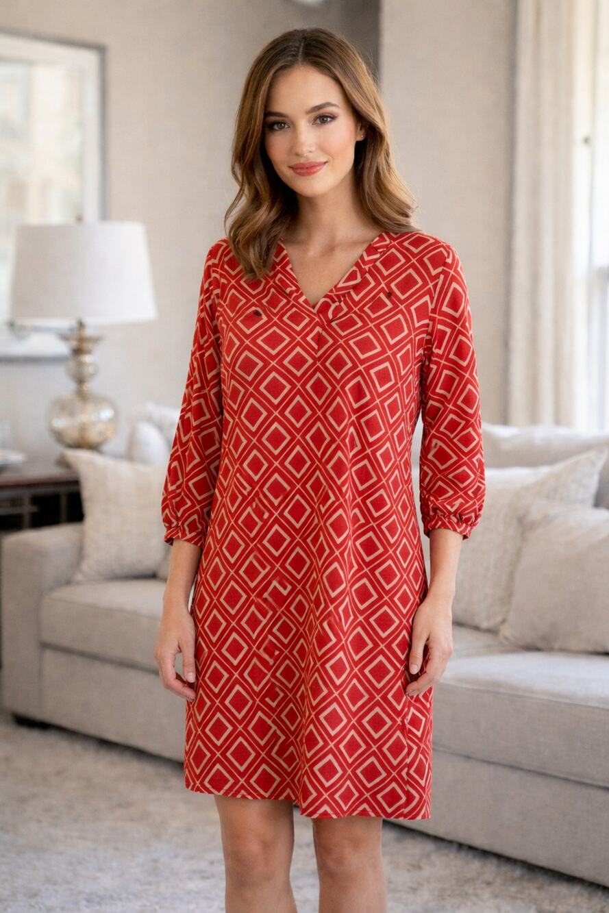 Banana Republic Red Geometric Shift Dress Small 3/4 Sleeve Mod Retro Workwear